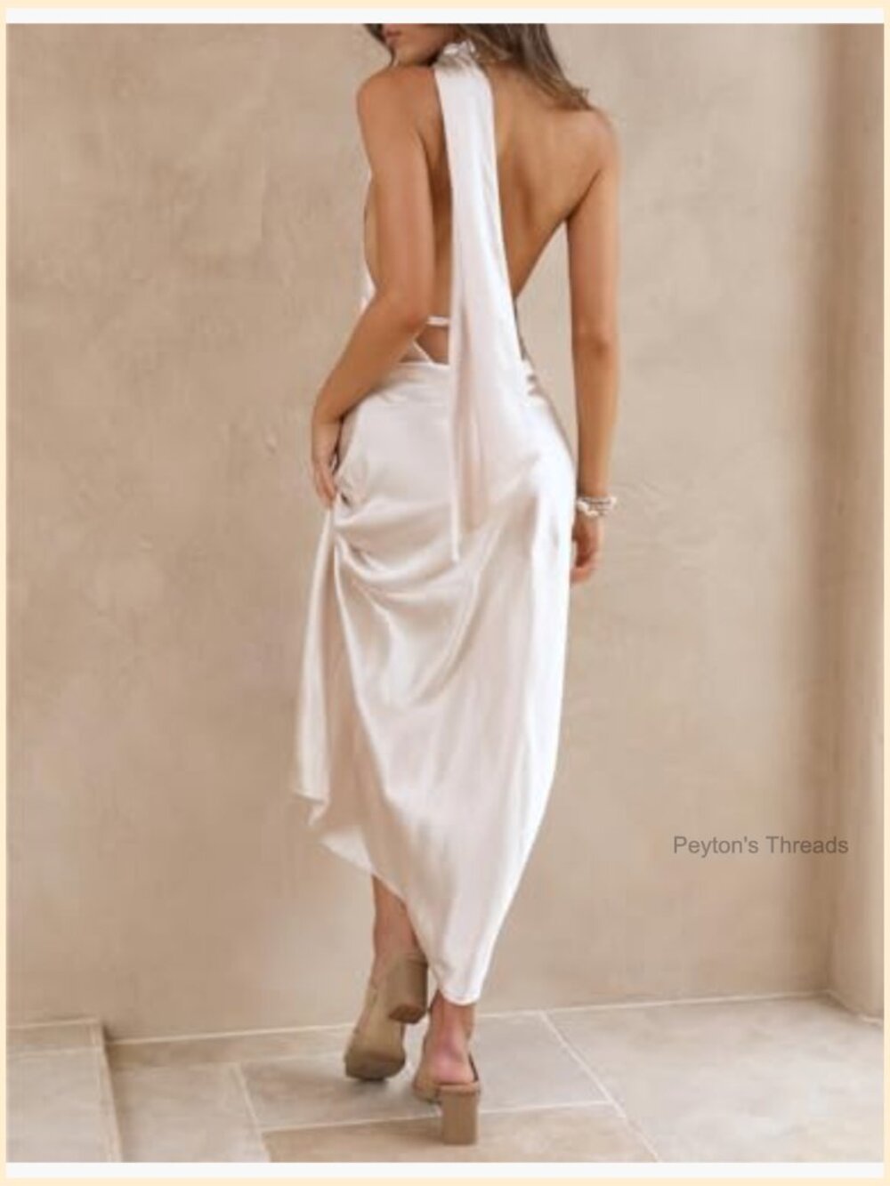 Satin Halter Backless Midi Dress with Cowl Back and Slit for Wedding Guest - Picture 2 of 3